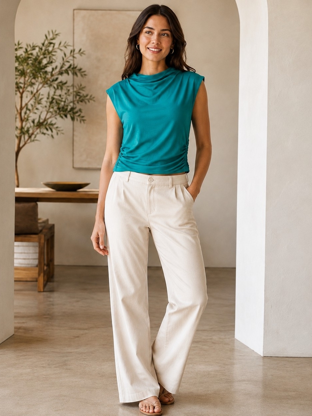 Zenana Teal Sleeveless Draped Neck Top and Cream Wide-Leg Pants Set